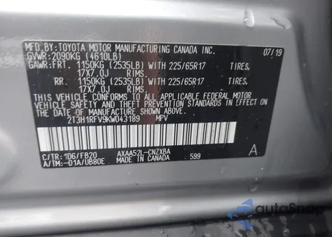 2019 Toyota Rav4 Le from USA, damaged, VIN 2T3H1RFV9KW043189